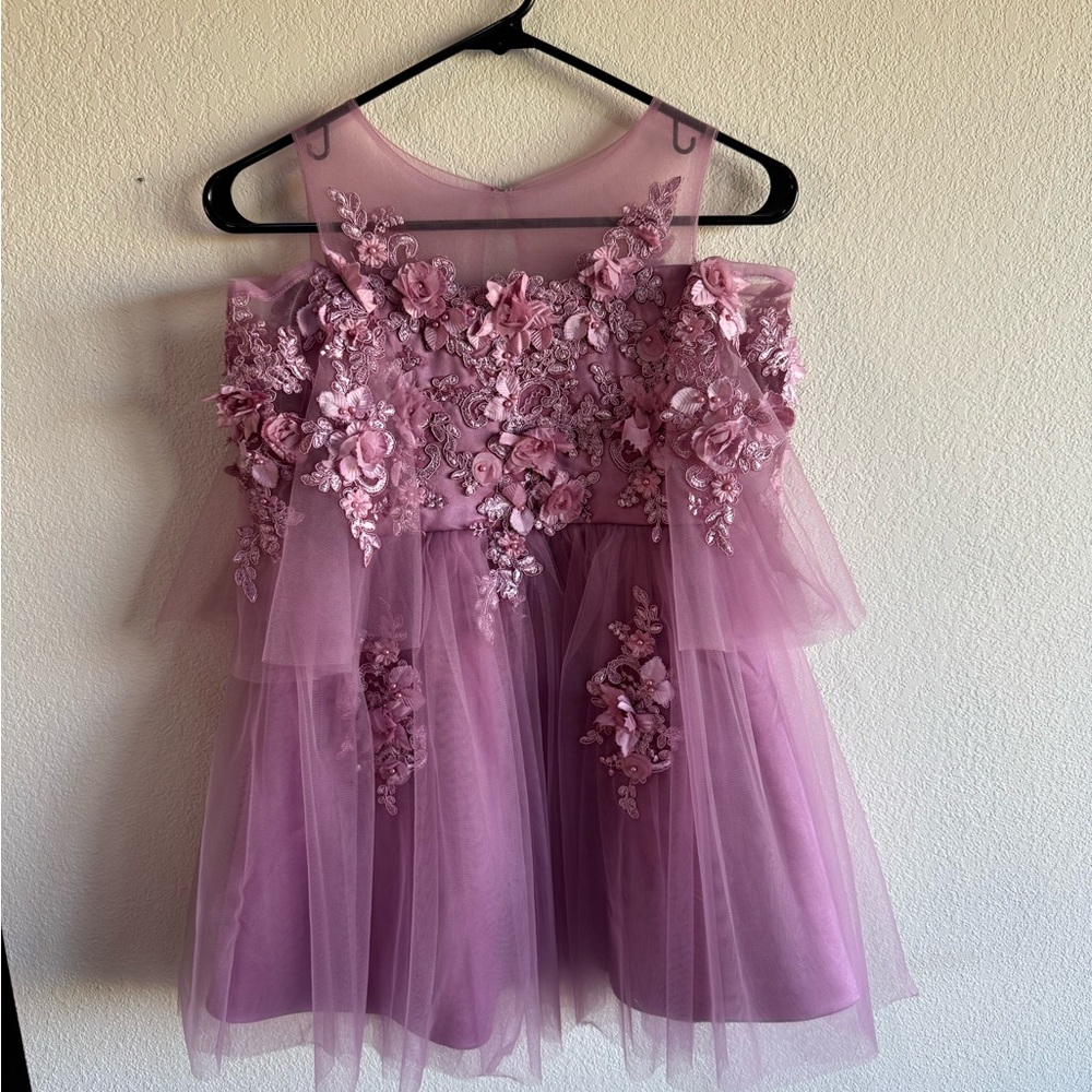 Floral Embellished Purple Flower Girl Dress